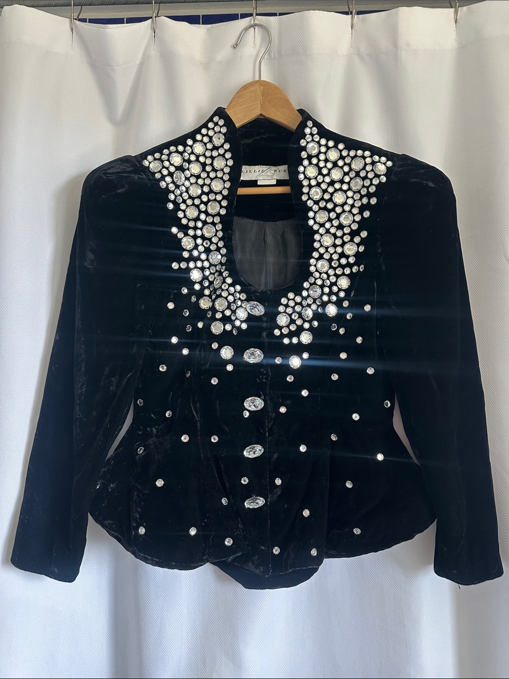 Embellished Black Velvet Jacket with Crystal Accents, size 6, flare waist